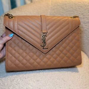Yves Saint Laurent Quilted Tan Leather Envelope Shoulder Bag with Gold Hardware
